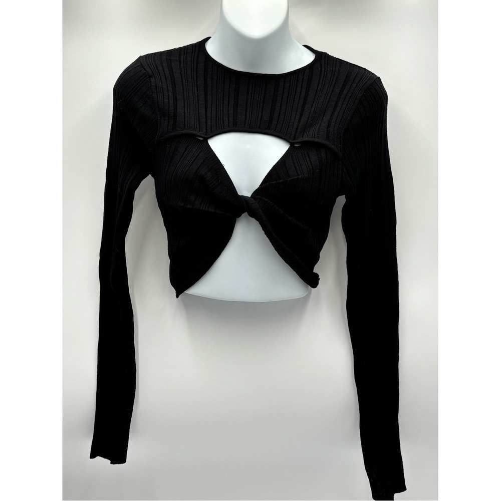 POL Black Knit Ribbed Cut Out Long Sleeve Top Women M